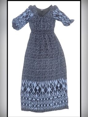 Women's Blue Patterned Maxi Dress with V-Neck